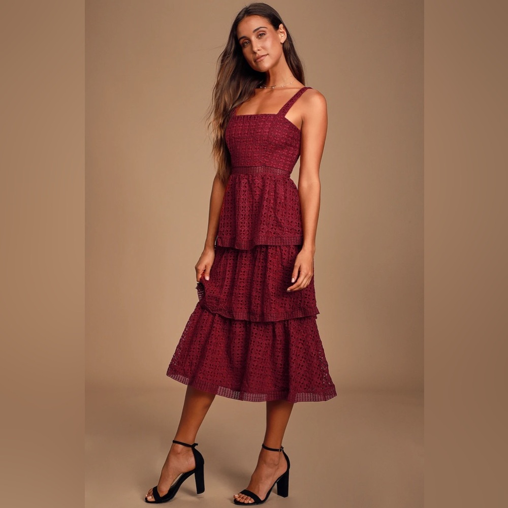 NWT: Outstanding Burgundy Crochet Lace Ruffled Midi Dress